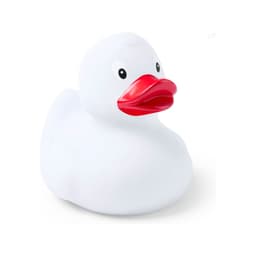 A white rubber duck with a bright red beak, featuring a simple design and a smooth surface. It has a small logo.
