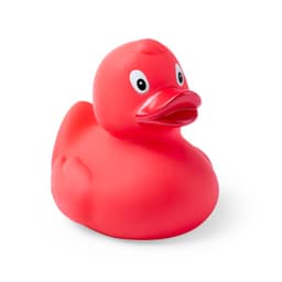 A red rubber duck with a smooth body and large eyes, featuring a simple, friendly design.