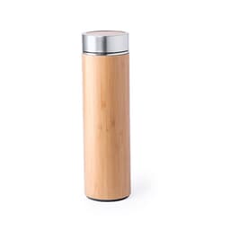 A drink bottle featuring a sleek bamboo exterior with a silver top. It has a simple, modern design and a logo.