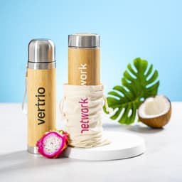 A drink bottle set featuring stainless steel and bamboo thermoses, one in a natural finish and the other in a canvas pouch.