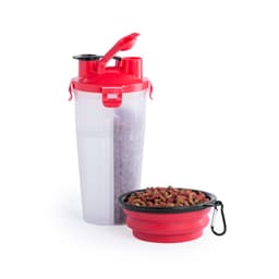 A red drink bottle with a detachable bowl, filled with pet food, featuring a clip for easy attachment.