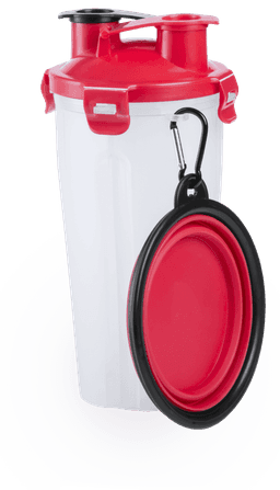 A white drink bottle with a red lid and spout, featuring a black collapsible bowl attached by a clip.