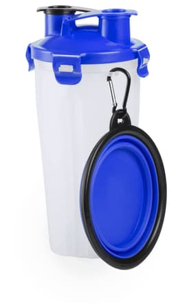 A drink bottle in white and blue, featuring a lid and a detachable black drinker bowl. Includes a carabiner for easy carrying.