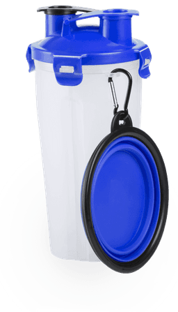 A white and blue drink bottle with a clip and a blue bowl attached, featuring a logo.