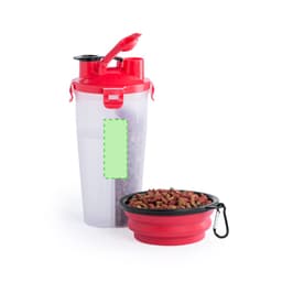 A red pet food and water shaker with a detachable bowl, featuring a lid and a branding logo.