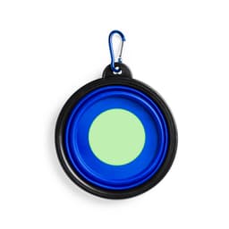 A blue and black collapsible pet bowl with a carabiner attachment. It features a round shape and a green centre.