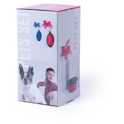 A boxed pet accessory set featuring a red drink bottle and two blue and red attachments. The box includes a logo.