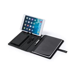 A black notebook featuring a tablet holder, wireless charger, pen, and notepad inside a sleek, organised design.
