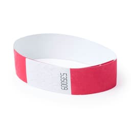 A red and white event wristband featuring a logo and a unique identification number.