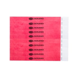 A set of pink and white event wristbands featuring a logo. The wristbands are arranged neatly in a row.