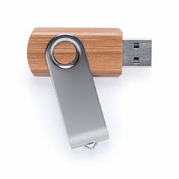 A silver and wooden USB drive with a swivel design, featuring a circular hole for attachment.