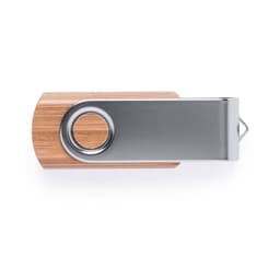 A USB drive with a wooden body and metal clip, featuring a circular hole for easy attachment.