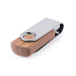 A silver and bamboo USB drive with a sleek design and a metal clip for easy attachment.