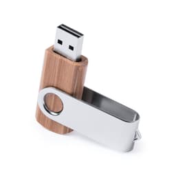 A 16GB USB drive featuring a bamboo casing and metallic pivot, showcasing a sleek design with a logo.