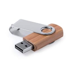 A 16GB USB drive featuring a bamboo body and a silver metal cover clip. It includes a branding logo.