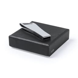 A silver USB drive set on a black box, featuring a sleek design and a promotional logo.