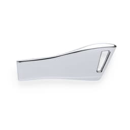 A sleek, silver USB drive with a modern design and a small opening for easy handling.