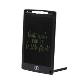 A black writing tablet with a stand and a stylus. It features a motivational phrase on the screen.