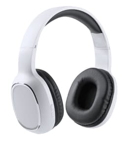 White headphones featuring black ear cushions and a sleek design, with a logo on the side.