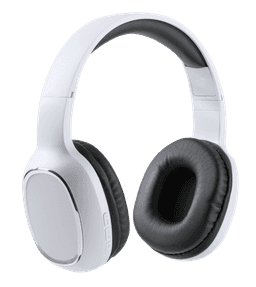 White headphones with black ear cushions, featuring buttons on one side and a sleek design. Includes a logo.
