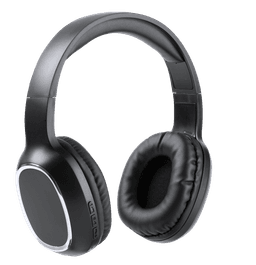 A pair of black headphones with cushioned ear pads and built-in controls on the side. Features a subtle logo.