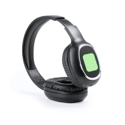Black headphones featuring a sleek design with a glossy finish and a green display area. Includes a branding logo.