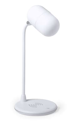 A white multifunction lamp with a curved neck and a round base featuring a wireless charger. It has a logo on the base.