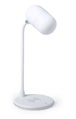 A white multifunction lamp with a round base and a flexible neck for adjustment, featuring a wireless charging pad.