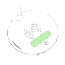 A multifunction lamp in white featuring a wireless charging pad on its base, with a logo present.