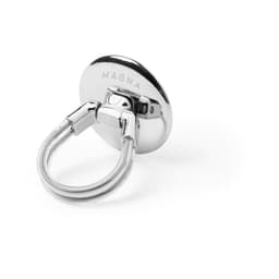 A chrome phone stand with a circular base and a metal ring, featuring a logo on the back.