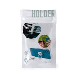 A packaging for a blue phone holder with a silver attachment, featuring images of usage scenarios.