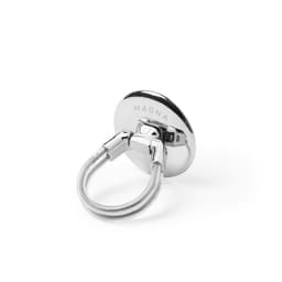 A chrome phone stand featuring a circular base with a loop handle, designed for easy device support.