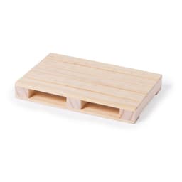 A wooden coaster in a light natural finish, resembling a small pallet shape with cutout sections.