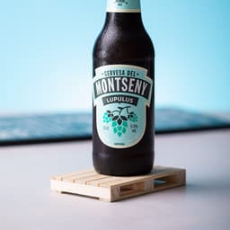 A drink bottle on a wooden coaster shaped like a pallet, featuring a dark brown bottle with a light blue label.