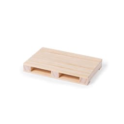 A wooden coaster in a natural light colour, designed in the shape of a miniature pallet.