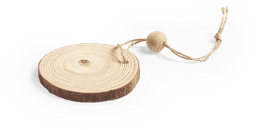 A round wooden Christmas decoration with natural wood grain, attached to a twine loop with a wooden bead.