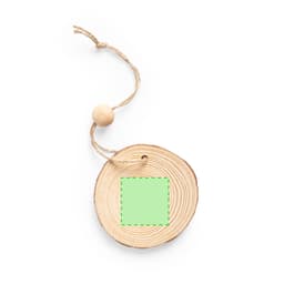 A round wooden decoration with a natural finish, featuring a green square and a string attached with a wooden bead.