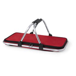 A red insulated picnic set with a silver frame and black accents, featuring dual carrying handles.