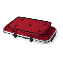 A red insulated picnic set with a silver frame and black accents, featuring a soft top and fastening clips.