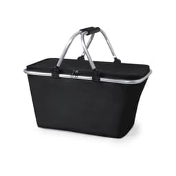 A black insulated picnic set with a sturdy aluminium handle and a zippered top, featuring a simple design and branding.