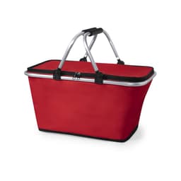 A red insulated picnic cooler bag with sturdy silver handles and a zippered closure. Features branding on the side.