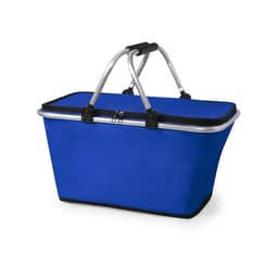 A blue insulated picnic bag with a silver handle, featuring a zippered closure and branding.
