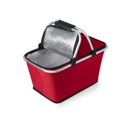 A red insulated cooler bag with a silver interior, featuring a foldable handle and branding.