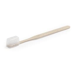 A biodegradable toothbrush with a natural wooden handle and a transparent soft-bristled head. It features a simple design.