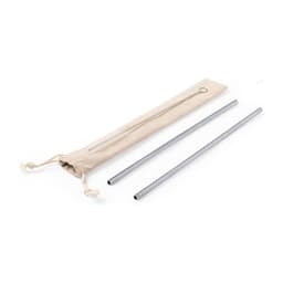 Two stainless steel drinking straws and a beige carrying pouch with a zipper. The pouch has a loop for easy handling.