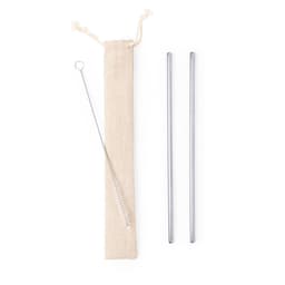 Reusable stainless steel drinking straws in silver, accompanied by a cleaning brush and a beige storage pouch.