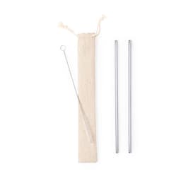 Two stainless steel drinking straws and a cleaning brush, packaged in a natural fabric pouch.
