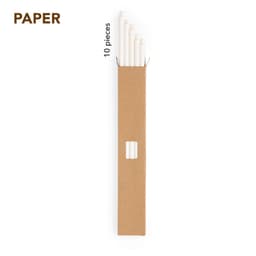A cardboard box containing ten white paper drinking straws, with a window showing the straws inside.