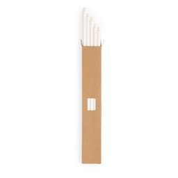 A pack of white drinking straws in a cardboard holder, featuring a simple design and a window cut-out.