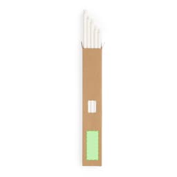 A cardboard packaging containing a set of white drinking straws. The box has a logo and a green label.